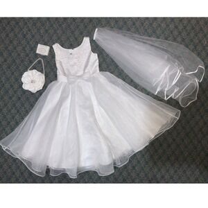 Joan Calabrese Dress Gown Flower Girl First Communion Beaded Veil purse necklac